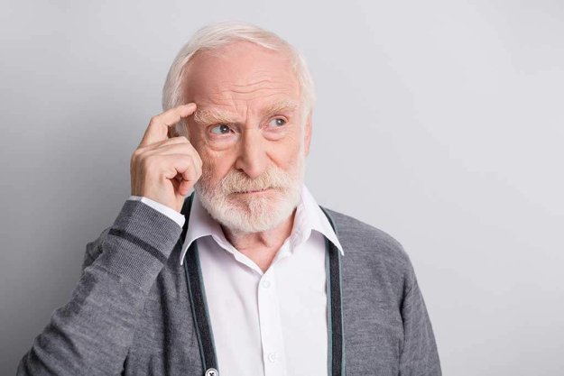 old white hair think man look empty space finger forehead old white hair think man look empty space finger forehead