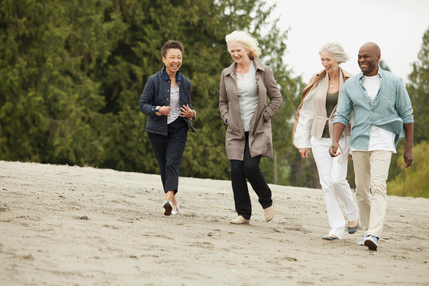 mature friends walking along the beach mature friends walking along the beach