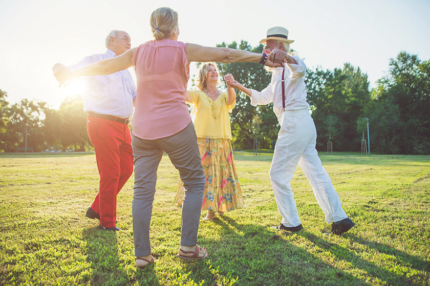 Group of seniors making a picnic at the park and having fun