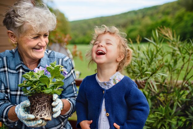 Senior grandmother with small granddaughter gardening