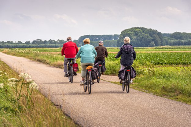 Two elderly unidentified couples with e-bikes cycle on a Dutch country road between fields Two elderly unidentified couples with e-bikes cycle on a Dutch country road between fields