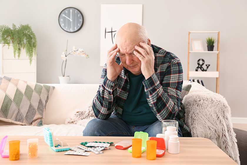 Elderly man with pills at home Elderly man with pills at home
