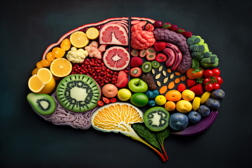 Top view of human brain shaped fruit slices and vegetables. Nutr