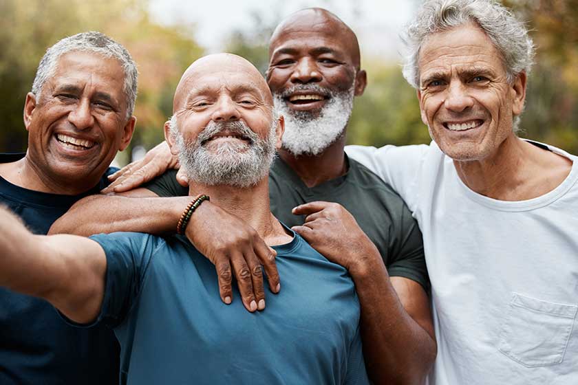 Senior, man group and fitness selfie at park together for elderly health or wellness for happiness smile. Happy retirement, friends portrait or runner club in diversity, teamwork or outdoor training.