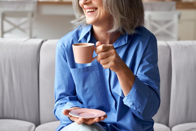 Happy,Beautiful,Relaxed,Mature,Older,Adult,Grey-haired,Woman,Drinking,Coffee