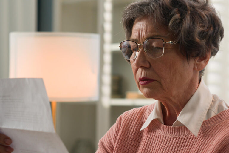 Old 60s Caucasian woman retired lady 70s senior aged female granny reading news open paper envelop read letter bad vision blurry eyesight correct glasses poor eyestrain check correspondence at home